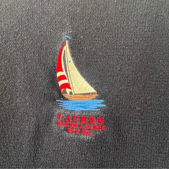 Vintage Lauren Ralph Lauren Embroidered Boat Coastal Nautical Navy Sweater - Picture 2 of 5